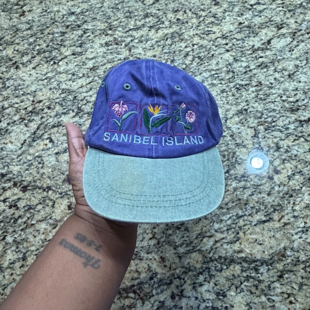 SCI Junior Sanibel Island Embroidered Floral Hat Girls Purple Green Cotton Cap
